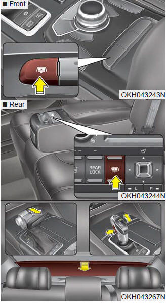 To raise the rear curtain, depress the button. To lower the rear curtain, depress