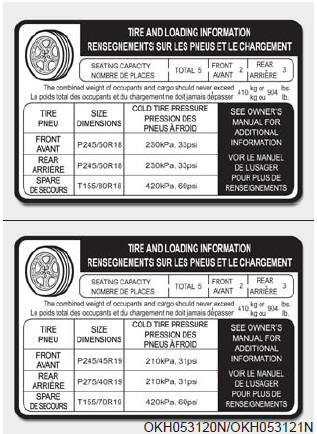 The label located on the driver's door sill gives the original tire size, cold
